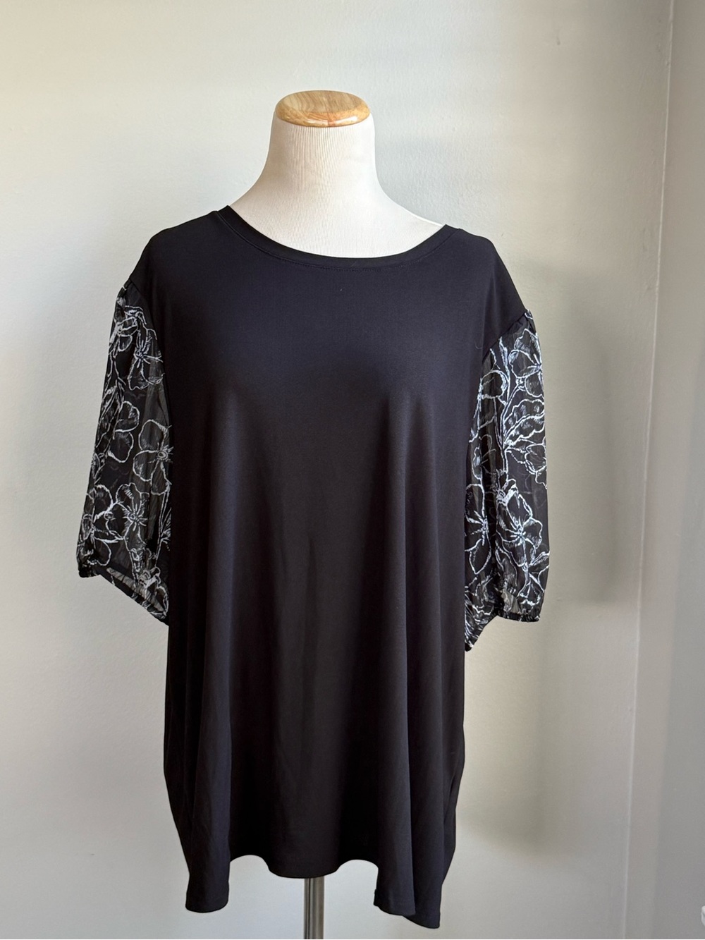 Tahari Black Top with Embroidered Puff Sleeves